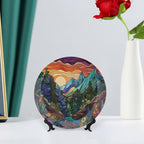 Stained Glass Theme Decorative Ceramic Plate Round Porcelain Plate,8 inch,Sunset Forest Stream Pattern,for Decorative Ornaments Giving Plates, 1 Plate with 1 Display Stand,Multicolor