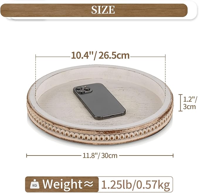 Hanobe Round Wooden Decorative Tray: White Washed Bead Tray Decor for Coffee Table Centerpiece Rustic Farmhouse Tray for Kitchen Counter Living Room Decoration