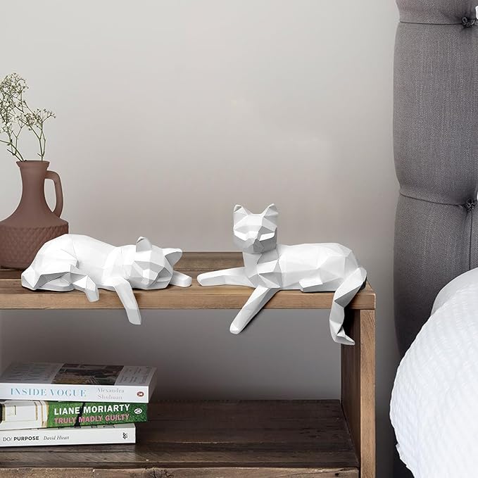 Bookshelf Decor Cat Statue, Modern Geometric Cat Figurines for Living Room Office Shelves Coffee Table Desk Decor – Set of 2 Minimalist Animal Statues (White)