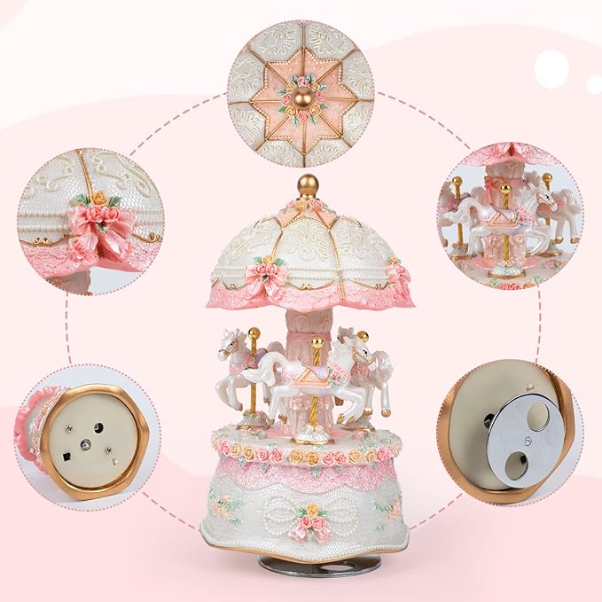 Carousel Music Boxes for Women: 3-Horse Luminous Rotating Musical Boxes Gifts - Color Change LED Lights Musical Gift for Birthday Christmas Pink Music Box