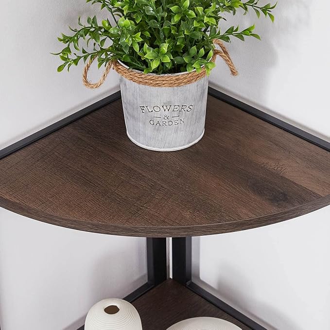 FATORRI Rustic Tall Corner Shelf, 5 Tier Industrial Corner Bookshelf for Living Room, Dark Wood and Metal Corner Plant Stand for Home Office (Walnut Brown)