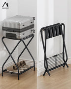Set of 2 Luggage Rack with Storage Shelf, Foldable Suitcase Stand, Heavy Duty Metal Luggage Holder for Guest Room, Bedroom, Hotel, 150 lbs Top Capacity, 50 lbs Bottom Shelf LR-BK-2