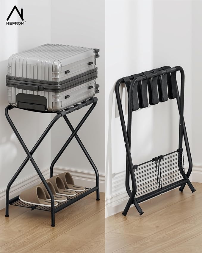 Set of 2 Luggage Rack with Storage Shelf, Foldable Suitcase Stand, Heavy Duty Metal Luggage Holder for Guest Room, Bedroom, Hotel, 150 lbs Top Capacity, 50 lbs Bottom Shelf LR-BK-2