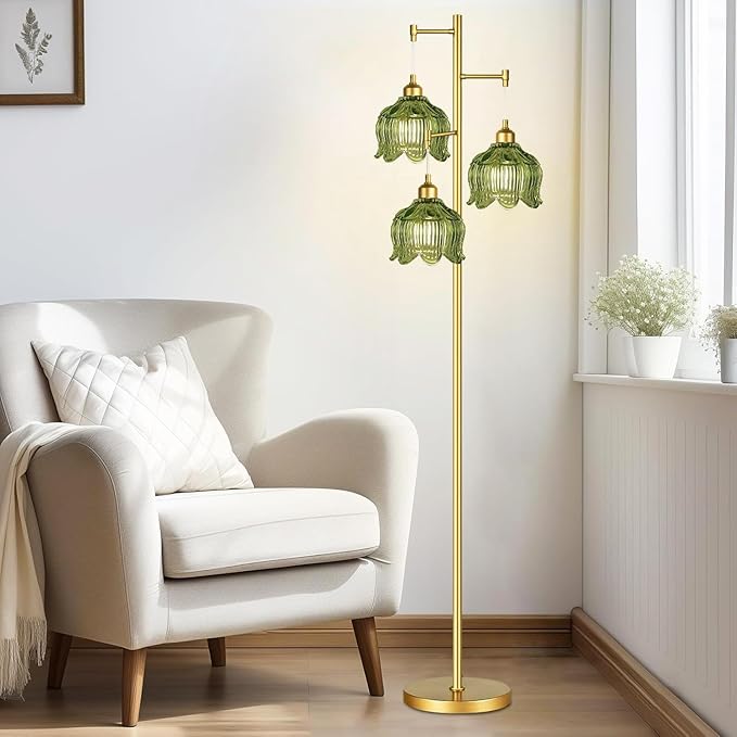 QIYIZM Gold Floor Lamp for Living Room,Bedroom,Mid Century Modern Standing Lamp Brass Tree 3 Light Tall Floor Lamps Vintage Retro Floor Lights Glass Green Flower Lamp Shade Farmhouse Boho Bohemian