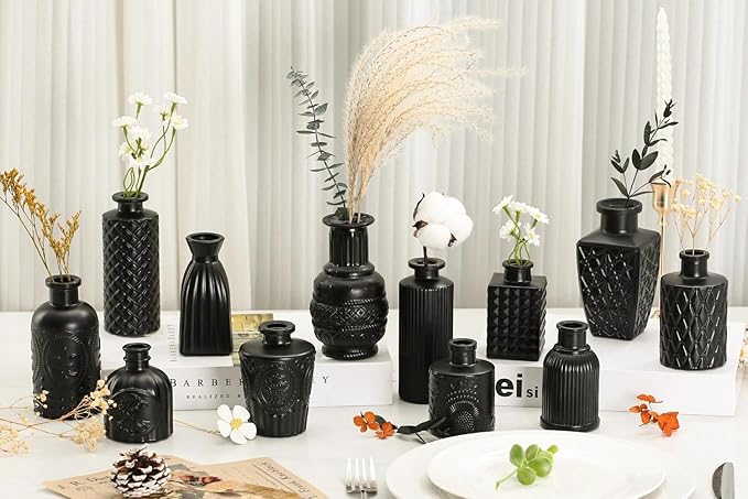 Mini Bud Vases As Wedding Centerpieces for Tables,Clear Bud Vases for Flowers,Small Flower Vases Suitable for Birthday Party,Anniversary,Wedding Reception,Baby Shower (Matt Black, 24PCS)