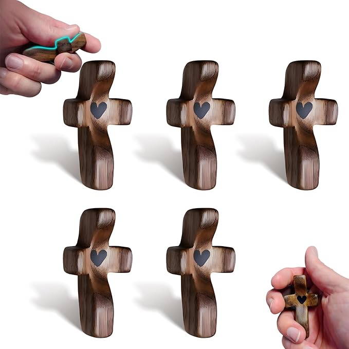 Cross My Heart,Wooden Cross,Encouragement Gift Stress Relief Cross,Prayer Cross for Hand,Pocket Cross Christian Gifts for Women and Fidget Toys for Children and Adults(Black 5Pcs