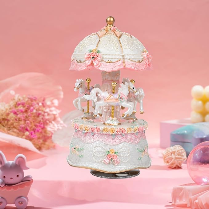 Carousel Music Boxes for Women: 3-Horse Luminous Rotating Musical Boxes Gifts - Color Change LED Lights Musical Gift for Birthday Christmas Pink Music Box