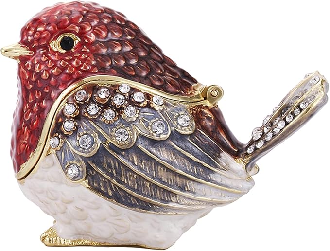 Hand Painted Trinket Box for Home Decor Accents, Enamel Hinged Jewelry Box for Bookshelf Office Table Desk Decoration, Classical Figurine Collectible Keepsake Animal Sculptures (Robin Bird)