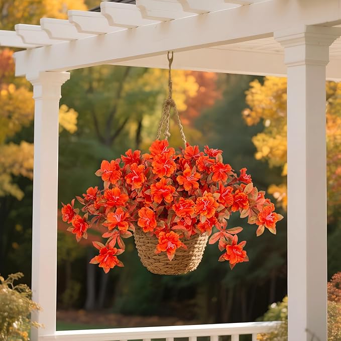 Fall Flowers Artificial for Decoration, Fake Silk Rhododendron Flowers for Outdoors, 2 Bundles Faux Azalea Outside UV Resistant No Fade Floral for Home Garden Balcony Walkway Wedding Party Decor