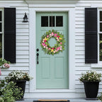 Artificial Spring Summer Wreaths with Tulips Daisies Butterflies Berries Olive Green Leaves Handmade Floral Wreath for Front Door Farmhouse Indoor Outdoor Wedding Home Decor