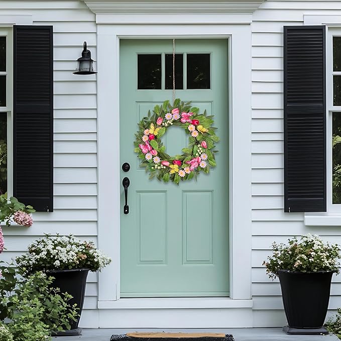 Artificial Spring Summer Wreaths with Tulips Daisies Butterflies Berries Olive Green Leaves Handmade Floral Wreath for Front Door Farmhouse Indoor Outdoor Wedding Home Decor