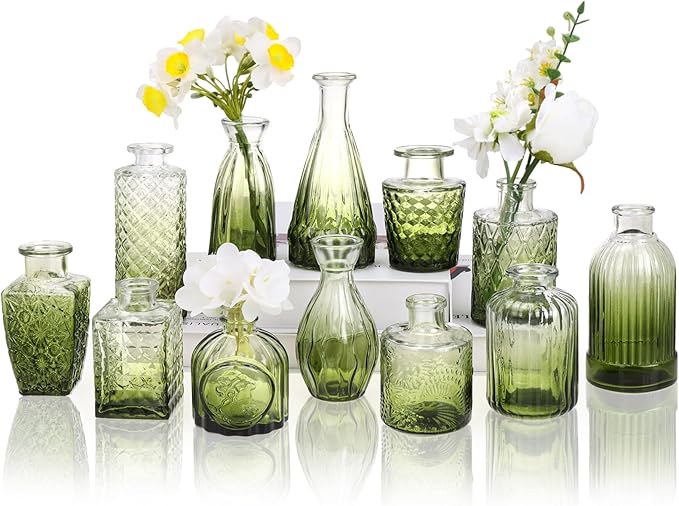12 Pack Green Glass Bud Vase Set, Small Vintage Vases for Centerpieces, Decorative Flower Vases for Wedding Home Table Decor