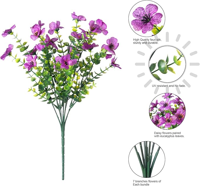Artificial Flowers for Outdoors Daisy 12 Bundles for Home Decoration, Faux Flower Fake Plants Outside Decoration with Eucalyptus UV Resistant for Planter Porch Patio Yard Garden Purple
