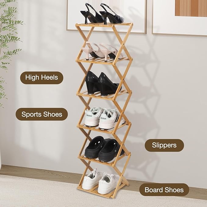 Bamboo Shoe Rack 6 Tier Foldable Shoe Rack Narrow Vertical Shoe Organizer Free Standing Shelf, Multifunctional Slim Storage for Entryway, Corner, Bedroom, Hallway, Wood Color