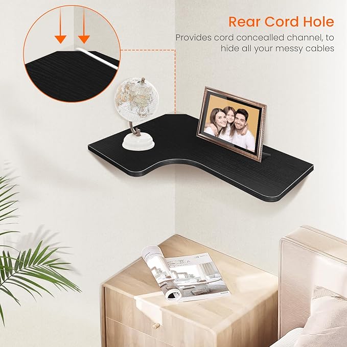 Homode Corner Shelves Wall Mounted, Set of 3 Floating Corner Shelves with Cord Hole, 3 Tier Wooden Hanging Display Shelf for Bathroom Kitchen Living Room, Black