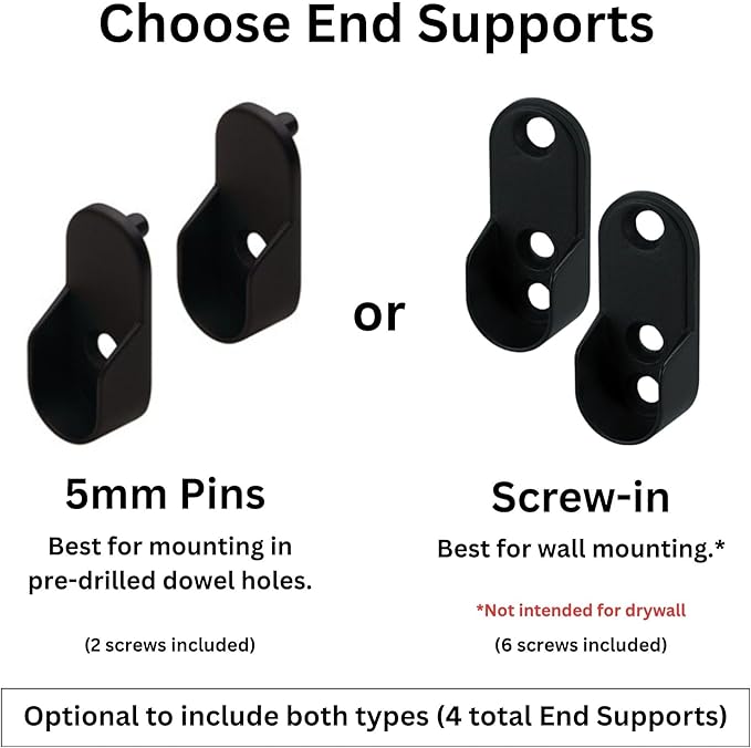 Custom cut to size (12-92 inches) oval closet rod with choice of end support (Matte Black)