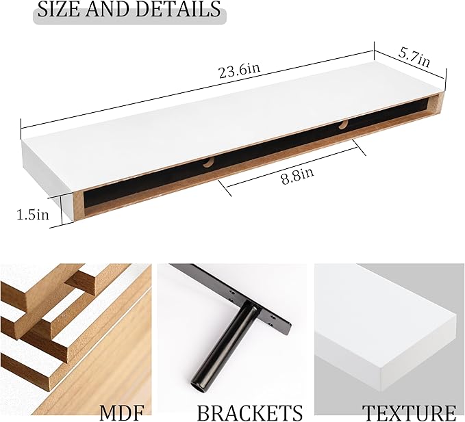 BAMEOS Floating Wall Shelves 24 x 6 Inch – Easy-Install Hanging Shelves with Hardware Included | Modern Decor Shelf for Bathroom, Bedroom & Living Room Storage, Set of 2, White