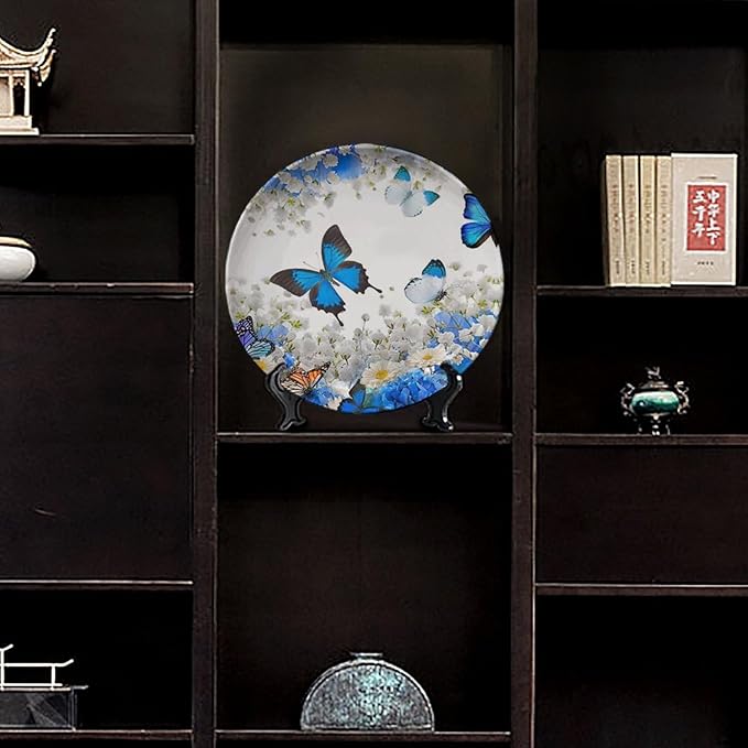 Decorative Plate Stand, 10 Inch, Flower Butterfly Round Display Plate, Table Top Plate Decor with Stand, for Kitchen Living Room Office Countertop Decor