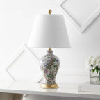 JONATHAN Y 24" Multi-Colored/Gold French Country Ceramic Floral Urn Table Lamp, White Linen Shade, Chinoiserie Ginger Jar Bedside Lamp for Living Room Bedroom, LED Bulb JYL3009A