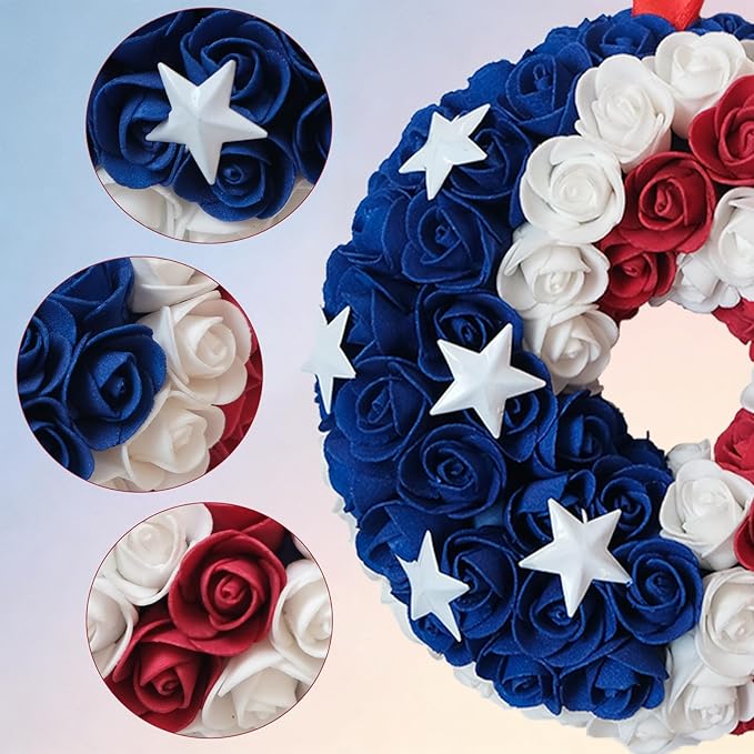 Idyllic 4 Pcs Patriotic Wreaths, 7 Inch 4th of July Decorations with Red White Blue PE Roses & 5 Stars - Includes Hanging Ribbons, Independence Day Wreaths for Front Door, Windows, Multi-Pack