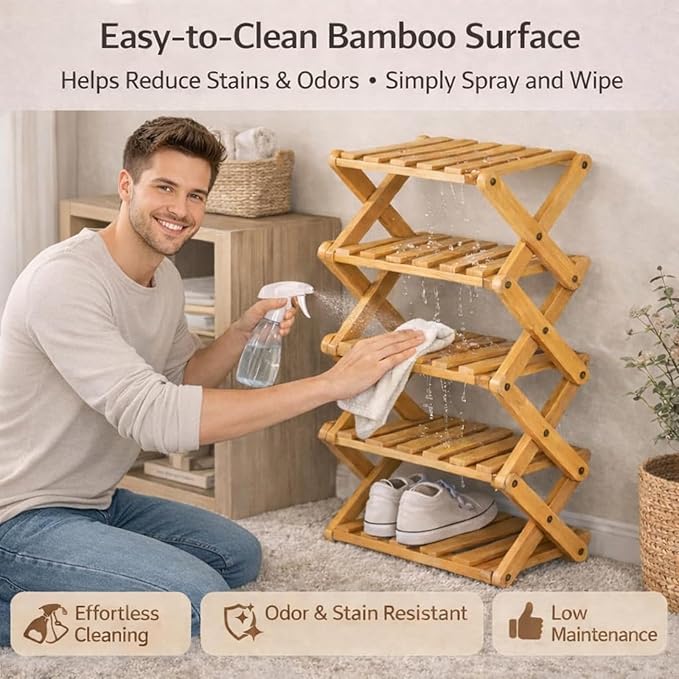 The 9-Tier No-Assembly Bamboo Rack, Folding Bamboo Shoe Rack Organizer with Collapsible Vertical Design, Space-Saving & No-Tool Assembly, for Entryways,Corners,Bedrooms,Balconies (Brown,8)