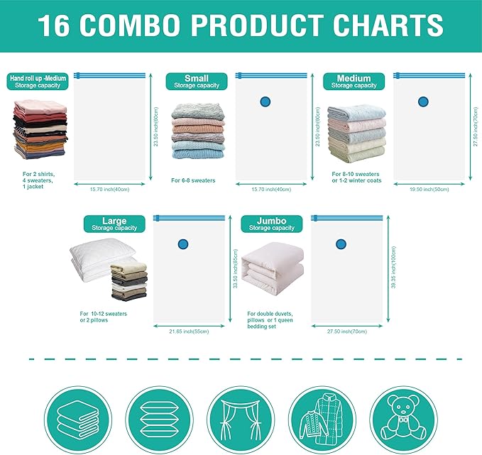 Cozy Essential Vacuum Storage Bags, Compression Space Saver Bags for Clothes, Comforters, Blankets, Pillow, Bedding, Sealer Clothing Storage,16 Combo