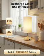 Rechargeable Table Lamp, 2-Pack, Ambient Light, Dimmable, 2700K, Timer, Touch Control, Portable, LED, Wireless, Cordless e, Battery Operated, Desk Lamp, Kitchen Lamp, Fabric Shade, Wood-Grain Finish
