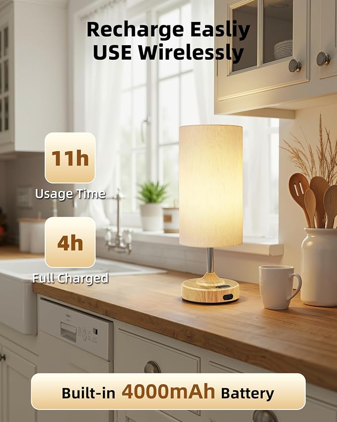 Rechargeable Table Lamp, 2-Pack, Ambient Light, Dimmable, 2700K, Timer, Touch Control, Portable, LED, Wireless, Cordless e, Battery Operated, Desk Lamp, Kitchen Lamp, Fabric Shade, Wood-Grain Finish