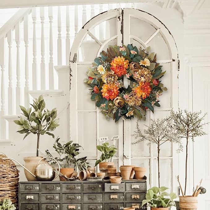 WANNA-CUL 24 Inch Spring Fall Wreaths for Front Door,Fall Wreath with Orange Hydrangea&Peony and Dahlia -Fall Decoration for Home-Fall Decor Door Wreath for Valentines Day,Mothers Day,Autumn,Harvest