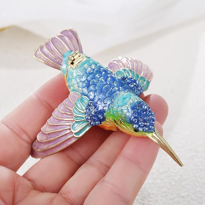 Hand Painted Trinket Box for Home Decor Accents, Enamel Hinged Jewelry Box for Bookshelf Office Table Desk Decoration, Classical Figurine Collectible Keepsake Animal Sculptures (Hummingbird)