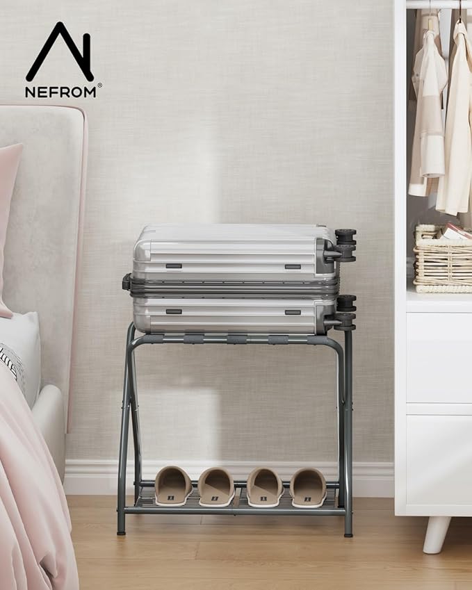 Luggage Rack with Storage Shelf, Foldable Suitcase Stand, Heavy Duty Metal Luggage Holder, 150 lbs Top Capacity, 50 lbs Bottom Shelf, for Guest Room, Bedroom, Hotel LR-GY-1