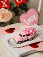 Valentine’s Day Metal Farm Truck with 2 Hearts, Valentines Decorations Vintage Love Romantic Tiered Tray Decor Mini Diecast Pickup Truck Model for Tabletop Shelf Table Décor 4.8inch