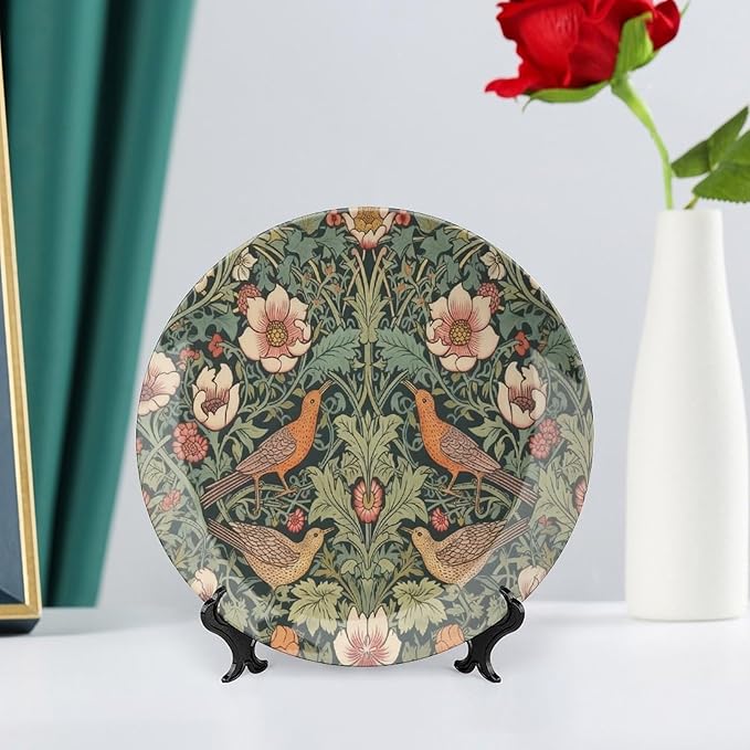 Christmas Ceramic Decorative Plate for Display William Morris Forest Flowers And Birds Household Kitchen Supplies Wall Hanging Decorative Plate with Display Stand Customize Gifts for Women, More Size