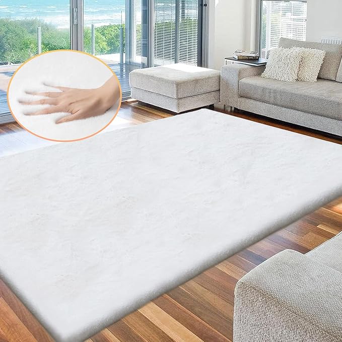 White Fluffy Living Room Rugs 6x9 Area Rug Washable Shag Rugs for Bedroom Faux Rabbit Fur Nursery Rug Rectangle Rug
