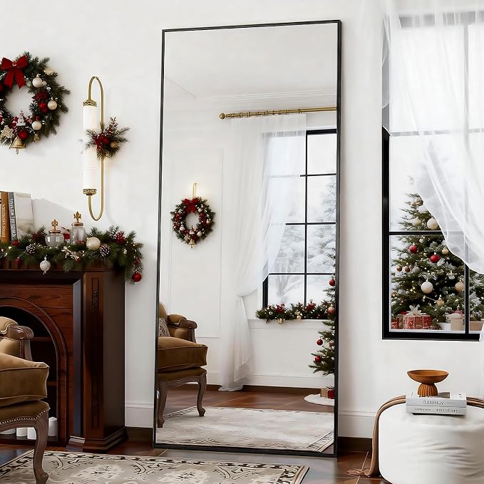 BEAUTYPEAK Full Length Mirror with Stand, 65"x24" Floor Mirror with Aluminum Alloy Thin Frame, ShatterVue Tempered Full Body Mirrors, Free Standing or Wall-Mounted Mirrors for Living Room, Black