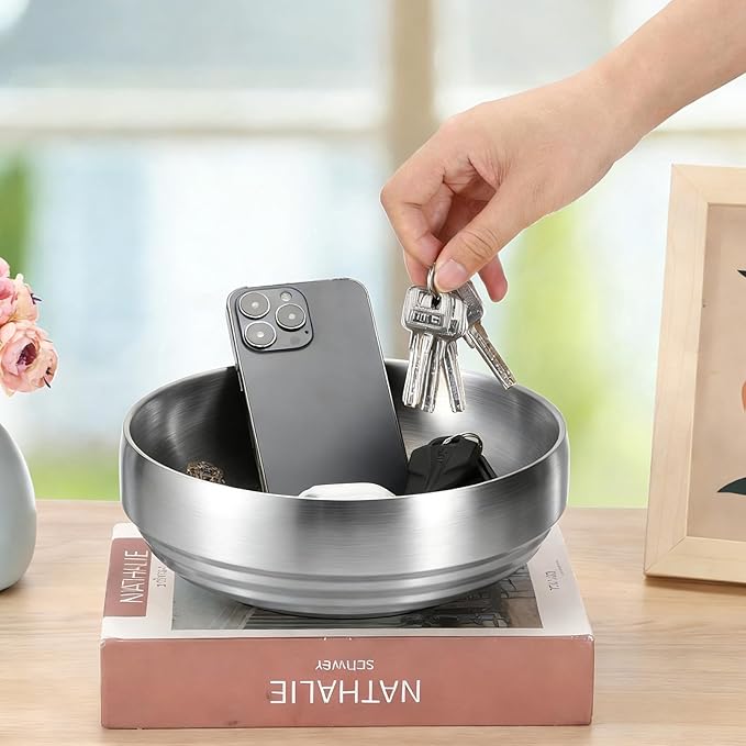 Key Bowl for Entryway Table 8.3" Modern Decorative Bowl Catchall Bowl for Candy Fruit Serving Bowls for Kitchen Counter, Coffee Table,Silver