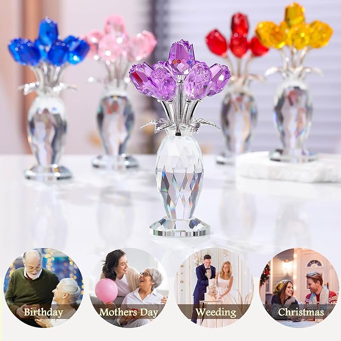 Movdyka Crystal Purple Rose Flower Figurine, Glass Roses Flower Bouquet Ornament Home Decor, Mother's Day Valentine's Christmas Wedding Romantic Gifts for Women Mom Wife Girlfriend