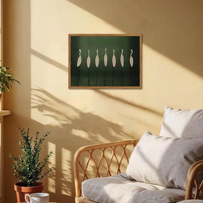 Framed Japanese Cranes Wall Art, Vintage Bird Pictures Wall Decor Paintings, Rustic Nature Animal Canvas Prints Minimalist Green Home Decor for Living Room Bedroom Office 16x24 inch