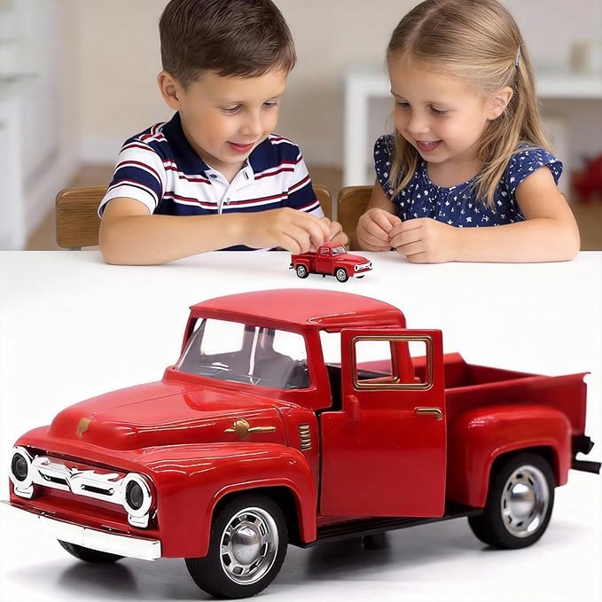 Vintage Red Pickup Truck Toy -Pull and GoTrucks for Kids and Boys.Farmhouse Holiday Centerpiece Winter Decor for Mantel,Tabletop,– Toy Gift for Family,Child,Christmas Enthusiasts(With Free small Tree)