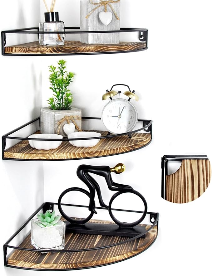 Corner Shelf Wall Mounted, Set of 3 Corner Floating Shelves with Cord Hole and Guardrail for Cable Box, Baby Monitor Pet Cameras, Speaker, Nursery Kitchen Living Room Bathroom, Dark Brown