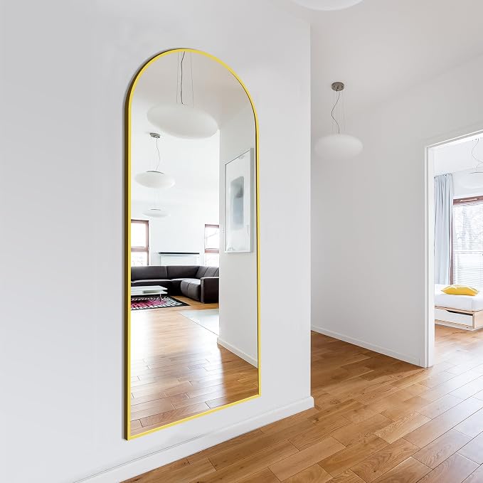 Delma Wall Mirror Full Length, Standing Floor Mirror for Bedroom Bathroom Living Room with Aluminium Frame (with Stand, Arch 69x24-Gold)