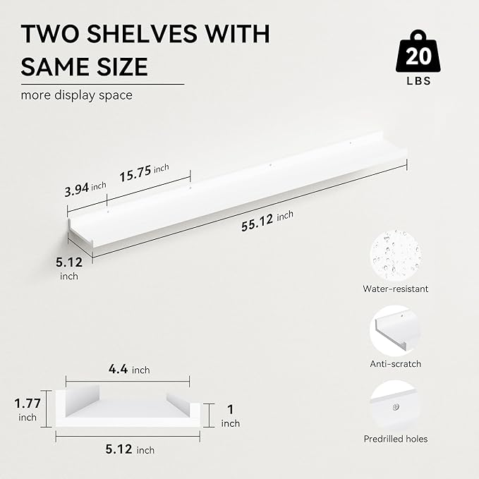 Boswillon 55.1 Inches Long Floating Shelves, 2 Set Rustic Wall Shelf for Bedroom, Nursery Book Shelf with Lip, Picture Ledge Shelf for Living Room, Bathroom, Kitchen - White