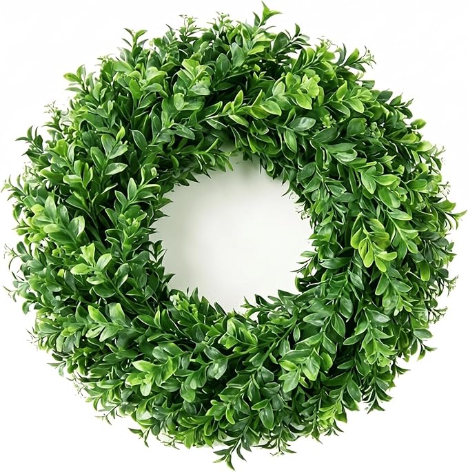 24" Faux Large Preserved Boxwood Wreath - Waterproof Spring & Summer Greenery Floral Wreath for Front Door, Porch, Farmhouse, Wall, Window - Indoor & Outdoor All Seasons Hanging Home Décor