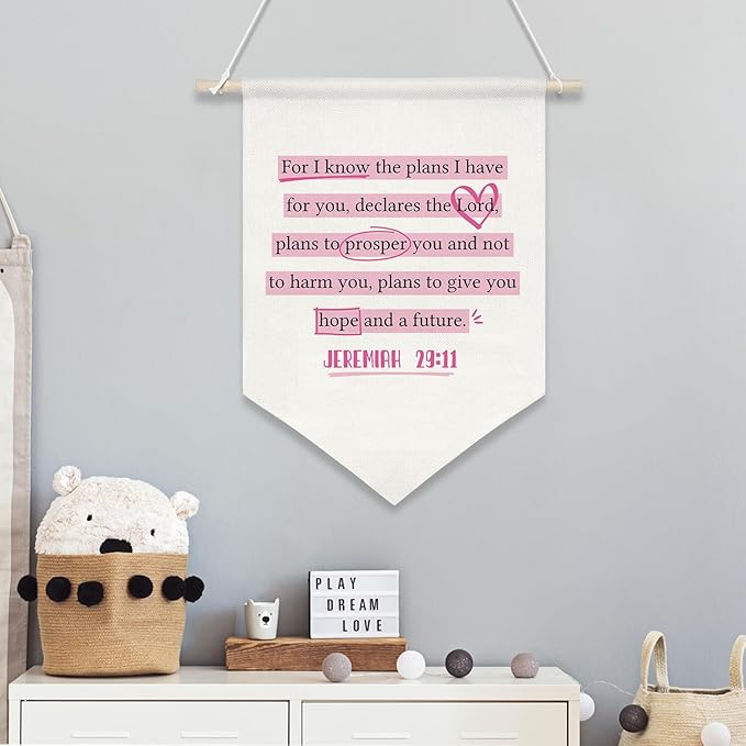 Christian Banner Decor,Inspirational Bible Verse Canvas Flag Banner,Positive Christ Wall Art Poster for Playroom Nursery,Kids Room Decor 11x16 Inch(KD15)
