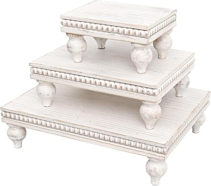Swallowliving 3 Pcs Set Farmhouse Wood Risers for Display Decorative, Rustic Shabby Chic Tiered Tray for Kitchen Counter, Coffee Bar Table, Dining Room, Wooden Rectangle Beaded Pedestal Stand for Food, White