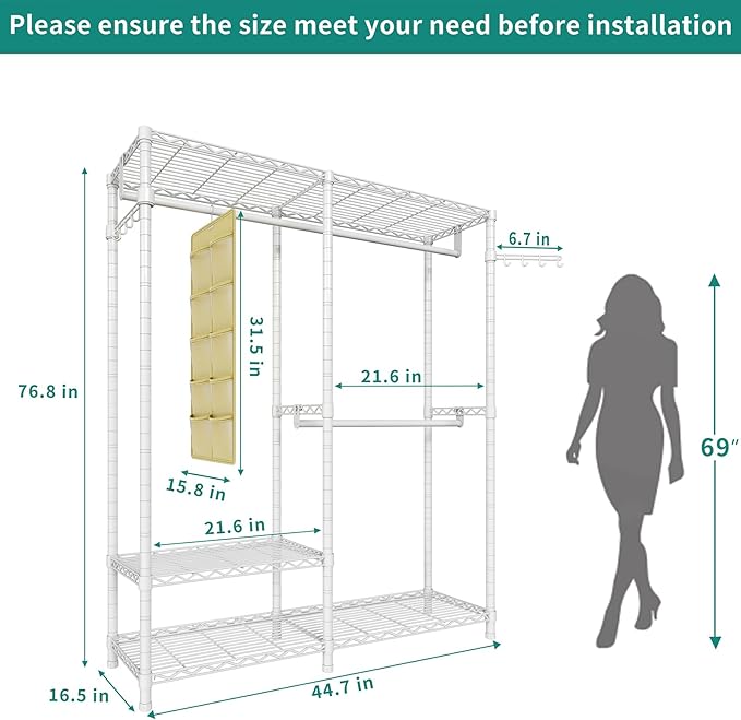 Heavy Duty Garment Rack, Metal Closet Organizers and Storage Clothing Racks 3 Tiers Adjustable Wire Shelving with 2 Hanger Rods and Side Hooks, 44.7" Lx16.5 Wx76.8 H, Max Load 800LBS, White