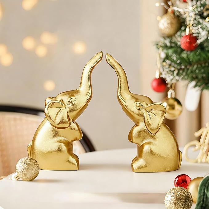 DUQGUHO Mini Gold Elephant Gifts for Women, Modern Style Small Golden Animal Statue, 2PCS Elephant Decor for Desk Shelves 3.5Inch
