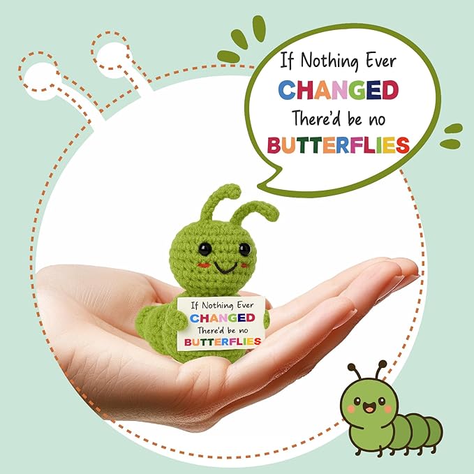 Positive Christmas Caterpillar Encouragement Gift – Mini Crochet with Change Quote Card – Small Handmade Comfort Gift for Best Friends Coworkers – Positive Inchworm Motivation Present