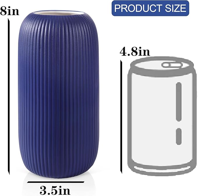 Ceramic Vase for Flowers – Modern Small Ribbed Textured Flower Vase for Home Decor, Pampas Grass, Decorative, Farmhouse, Coffee Table, Kitchen Centerpieces, Bookshelf and Home Living (Navy Blue)