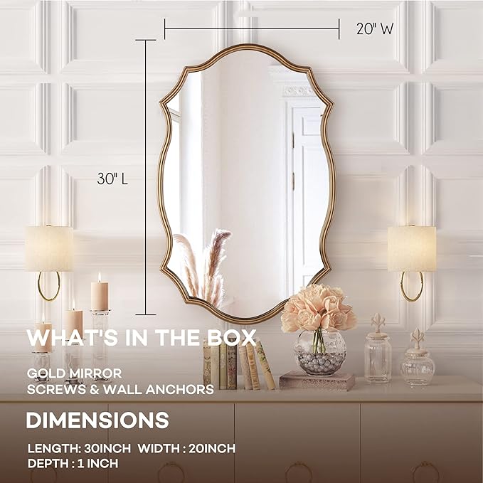 Wall Mirror in Vintage Golden, Decorative 20”x30“ Accent Vanity Mirrors, Wall Mounted Mirror Antique Brass Metal Frame for Living Room Bedroom Bathroom Entryway Stairway Kitchen